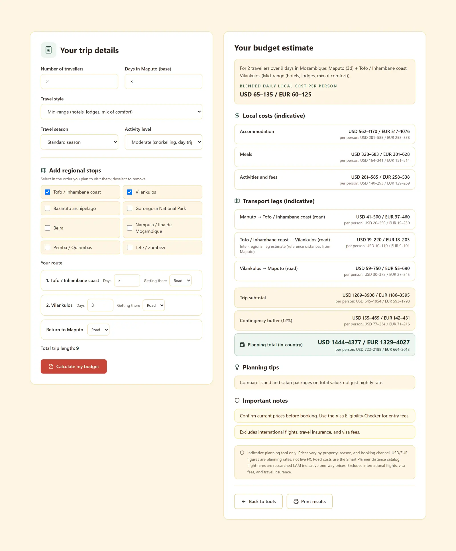 In-country cost calculator