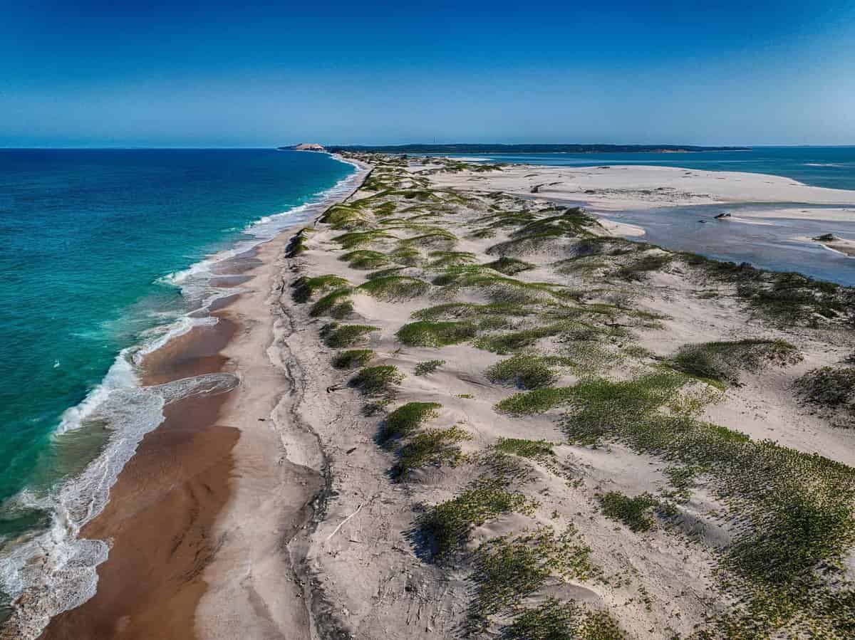 Aerial view of Benguerra Island dunes, beach, and coastal channels